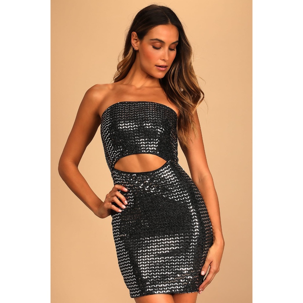 Feeling Flashy Black and Silver Sequin Cutout Bodycon Mini Dress - XS